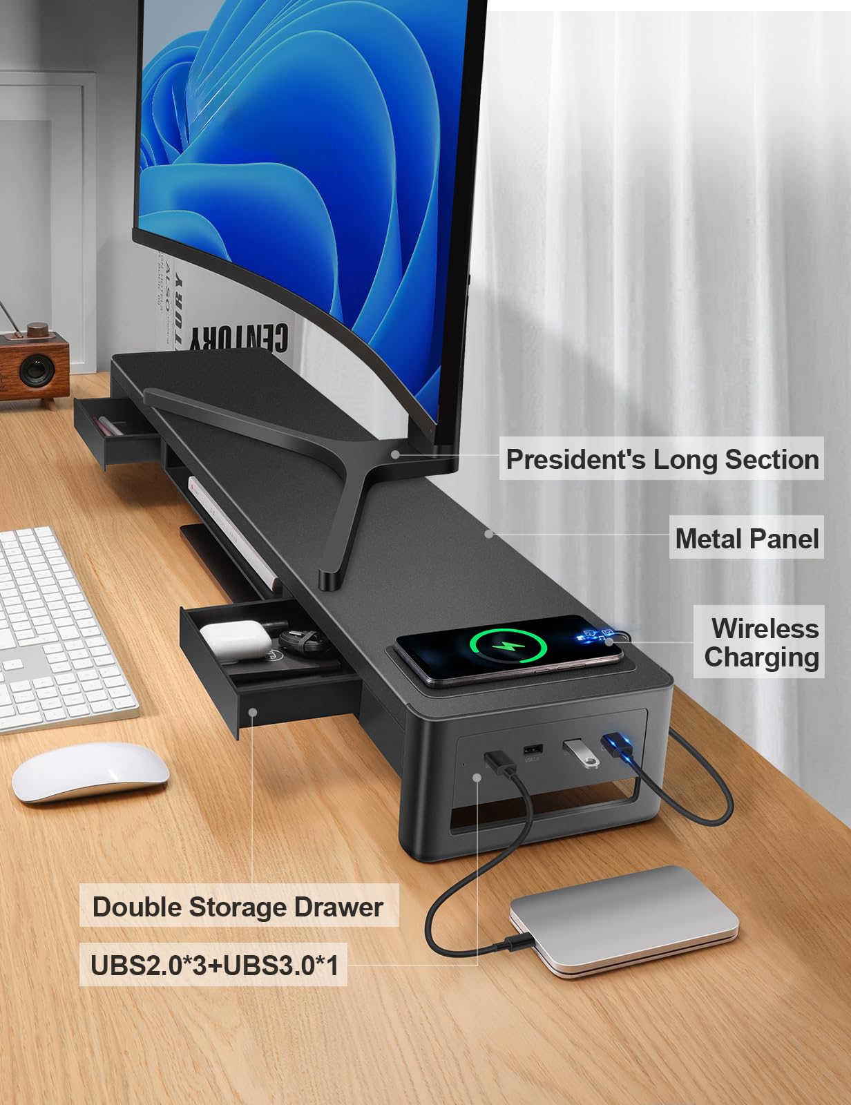 Meantty 3-in-1 Dual Monitor Riser with 2 drawers, wireless charging pad & 4 USB ports - metal screen stand for computer, laptop & accessories, supports charging & data transfer.
