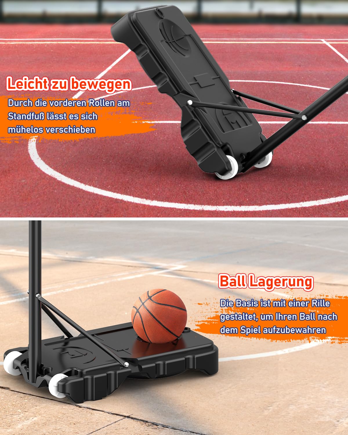 Outdoor basketball hoop for kids with adjustable height of 150-210 cm. Features a 80x60 cm shatterproof backboard, enlarged base, and wheels for easy moving. Ideal for children and teens.
