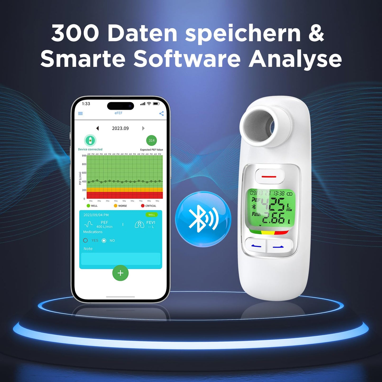Peak Flow Meter 2.0 with Bluetooth, lung trainer for adults and children to monitor lung function, 300 historical data with time, for asthma COPD, PEF & FEV1, risk indicator, APP.