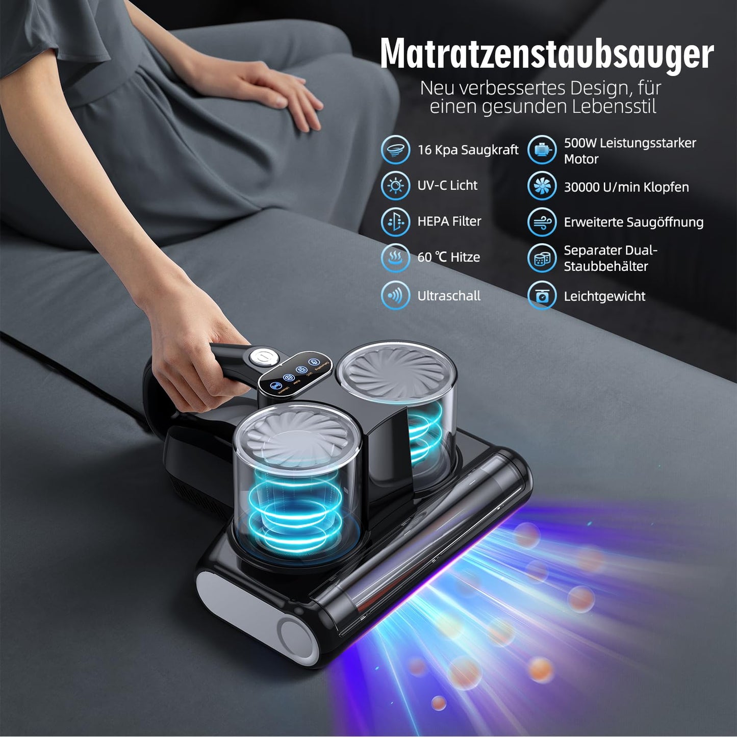 JPHYLL dust mite vacuum cleaner for mattresses with 253.7nm UV light, 16Kpa suction power, brush roller knocking, HEPA filter, ultrasonic technology, hot air, wide suction opening, black.