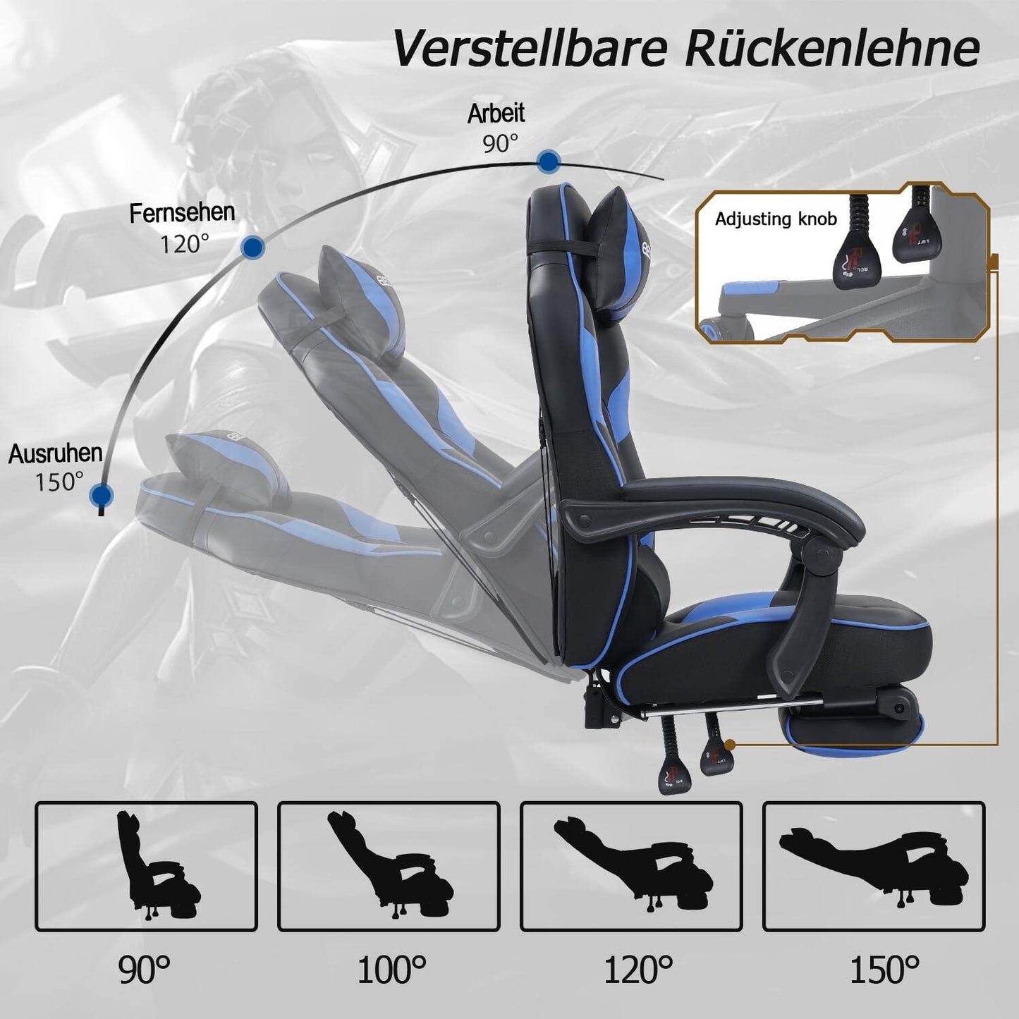 Puluomis Gaming Chair with Footrest, Racing Style, PC Chair, Swivel High-Back, Adjustable 90-150° Recline, Detachable Headrest, Lumbar Pillow, Ergonomic Design, Blue.
