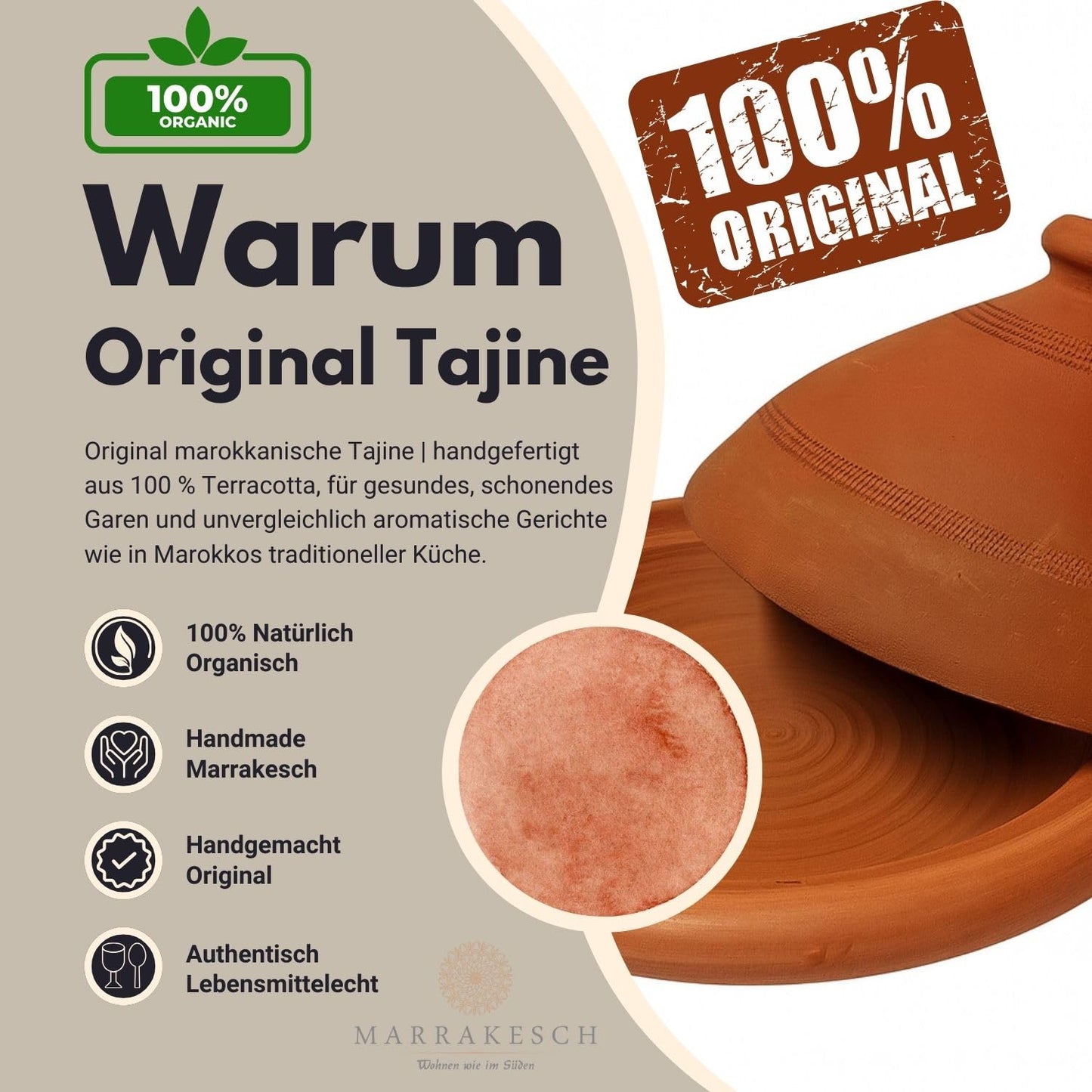 Tajine, original from Morocco, including cookbook North African cuisine, clay pot for cooking, Tuareg Ø 26cm, for 1-3 people, handmade from Marrakesh, free of pollutants.