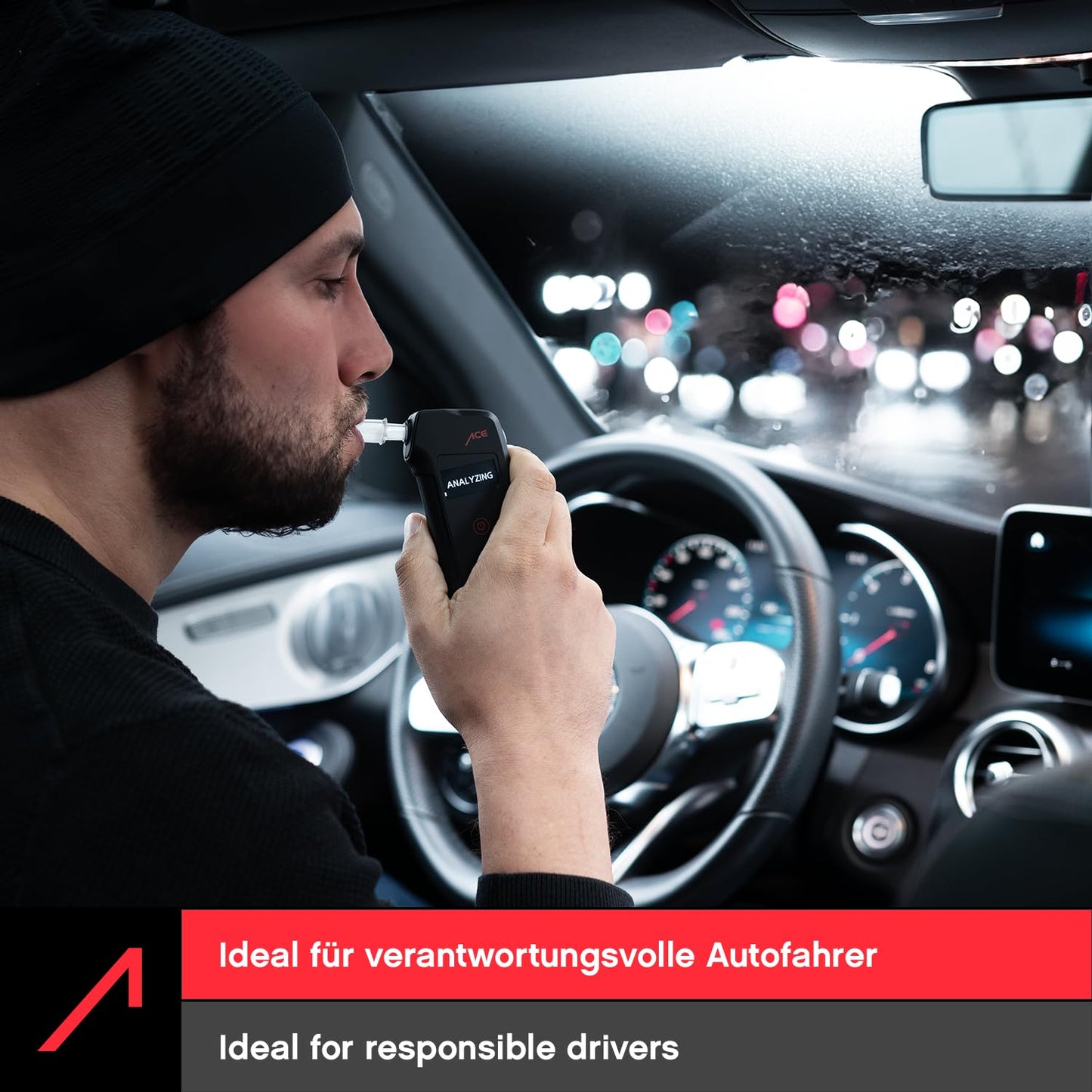 ACE Q Alcohol Tester - Breathalyzer with memory and OLED display - police-calibrated accuracy - Alcohol tester for car and parties.