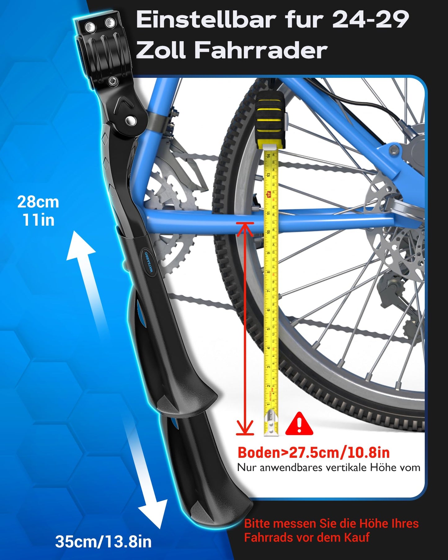 WATSABRO Bike Stand 24-29 Inch Upgrade - Adjustable bike stand, rear stand with more stable & non-slip structure for e-bikes, MTBs, city bikes (45 kg)