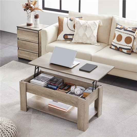 Yaheetech coffee table with adjustable height, living room table with storage shelf, wooden gray side table, end table.