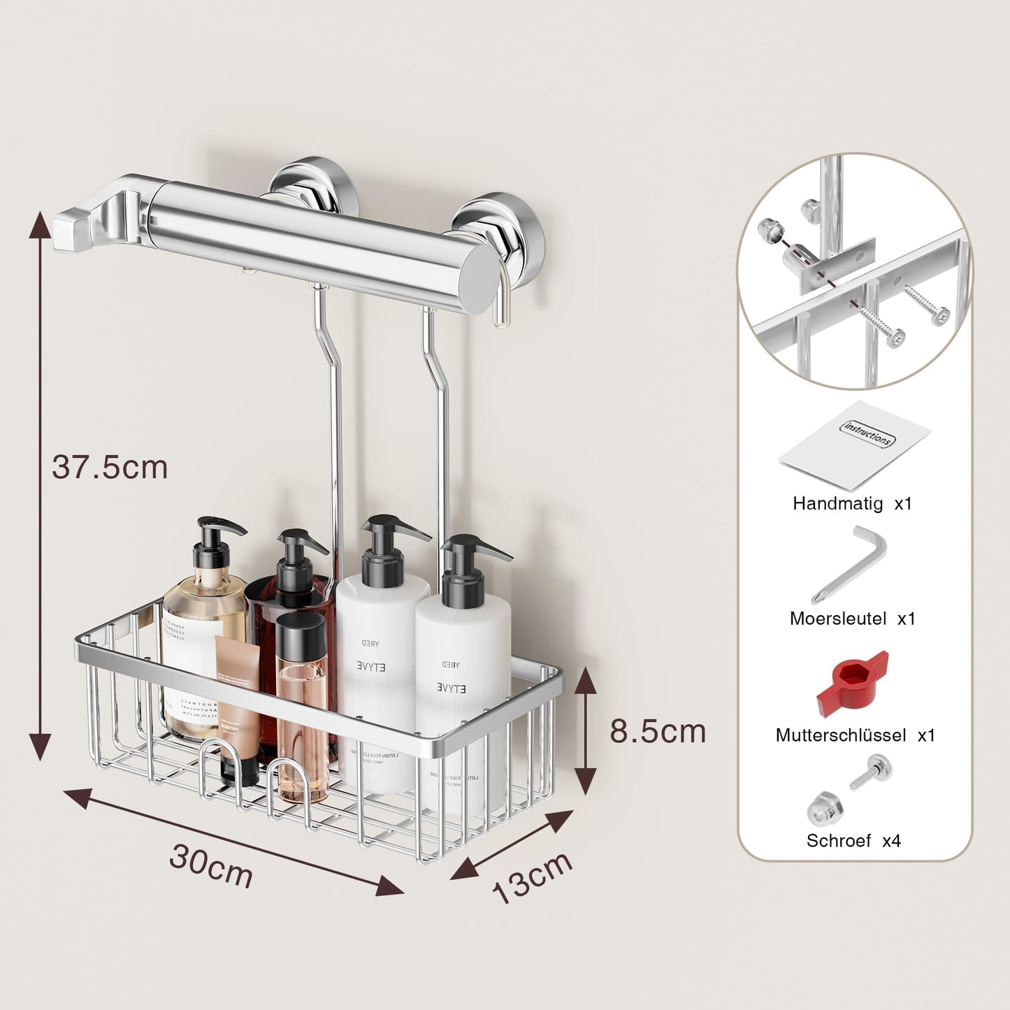 Shower Caddy without Drilling, Hanging Shower Shelf - Shower Caddy for Hanging Shampoo Holder for Shower, Shower Basket without Drilling Shower Holder Shower Shelf Bathroom Rack Soap Holder SS304 Stainless Steel 30x13x8.5cm