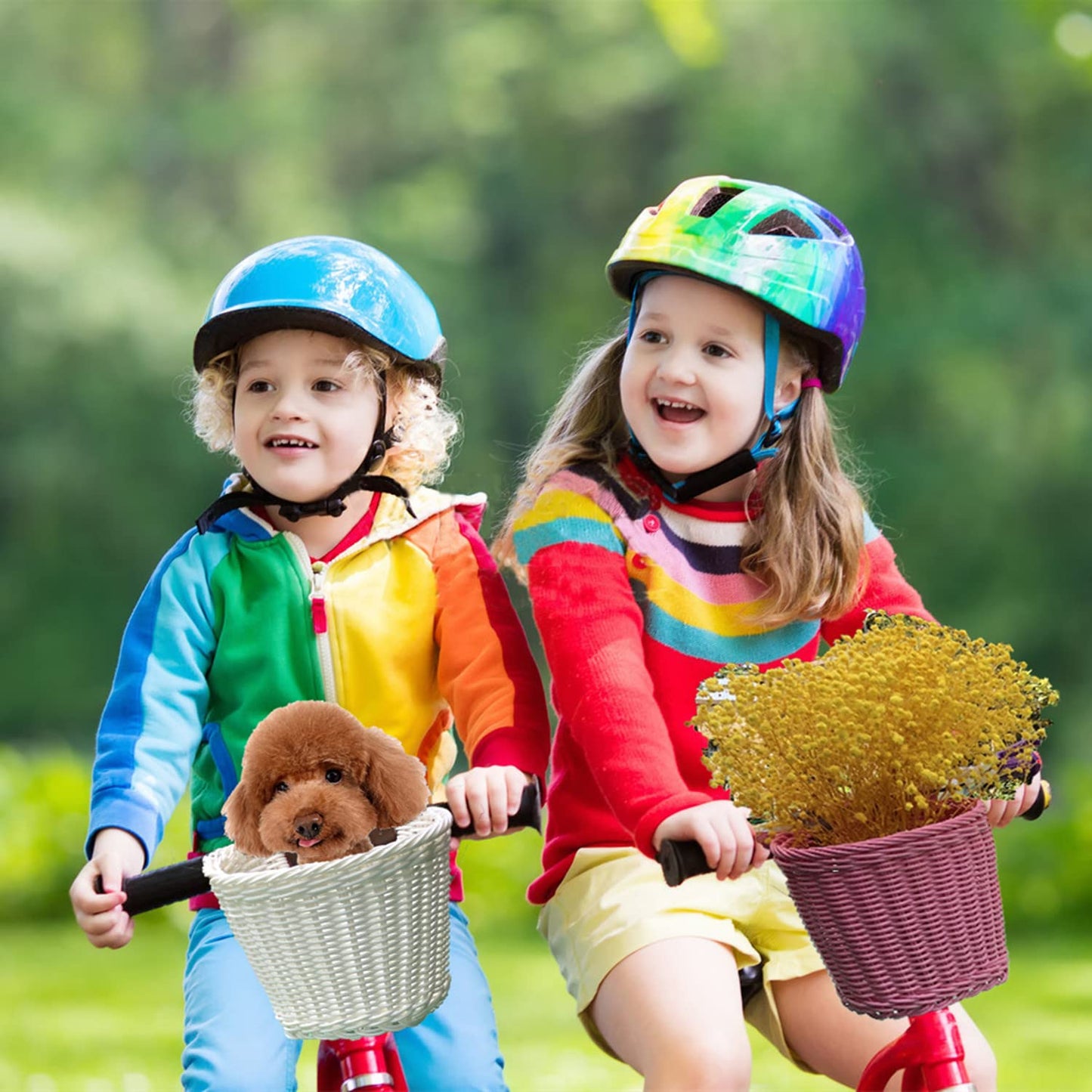 Bicycle basket for children, wicker bike basket for girls and kids in the front, plastic kids bike basket with leather straps, decorative, detachable (White)