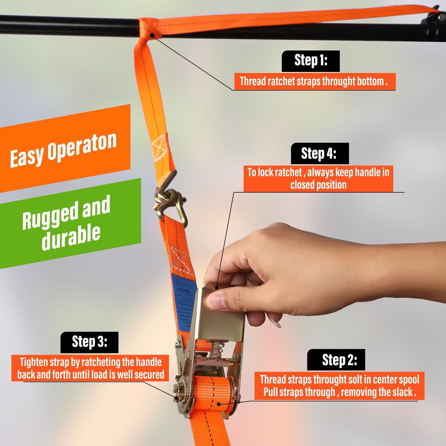 8 pieces of tension straps with hooks ratchet in 4m 1000kg 1T two-part 25 mm ratchet strap lashing straps for cargo securing TÜV/GS certified (Orange)