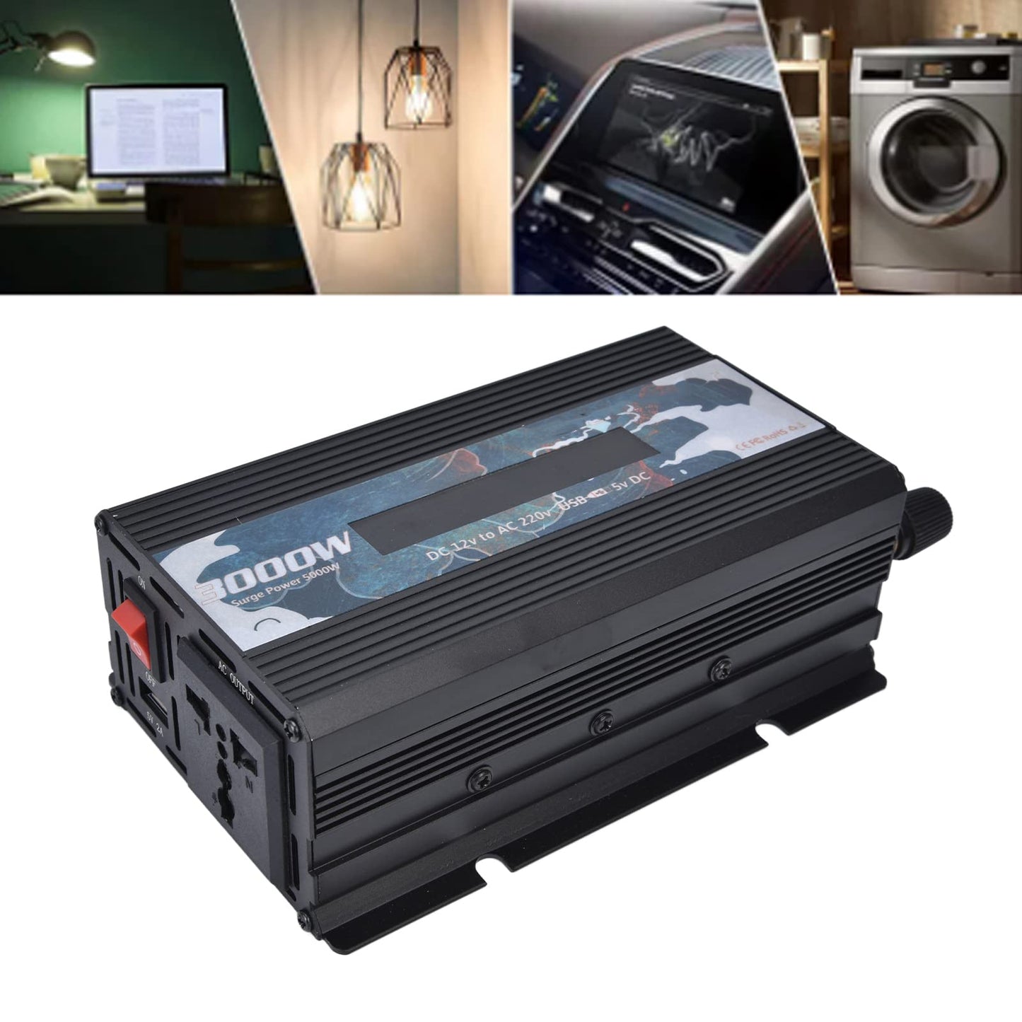 300W Pure Sine Wave Inverter DC 12V to AC 220V Multifunctional Battery Converter for Home, RV, Truck (Black)