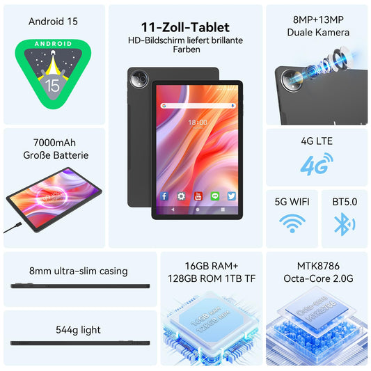 2025 Latest Tablet 11 inch Android 15 Tablets, Tablet with Keyboard Mouse, 5G Wifi Tablet PC With 16GB+128GB(1TBTF), 4G LTE Tablets With 2 SIM 1 SD slot-Octa-core, 1080FHD, 13+8MP, 7000mAh, Type-C/GPS/OTG-Grey