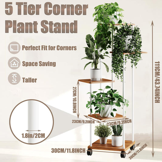 5-tier wooden flower shelf plant stand with optional wheels, multi-layered flower rack plant holder flower bench flower ladder plant ladder shelf for indoor garden balcony decor.