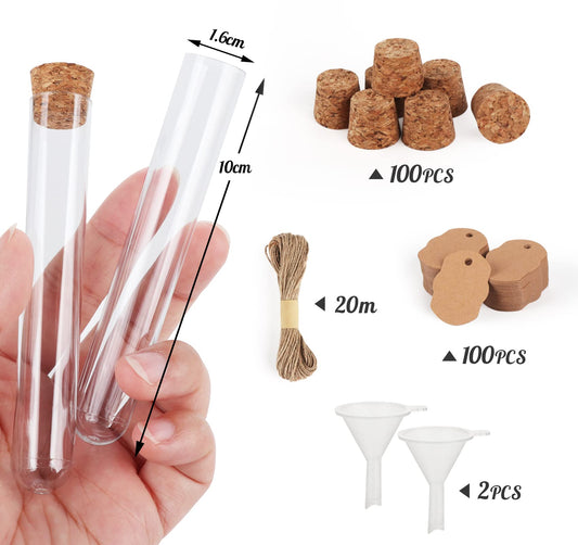 100 pieces of plastic transparent test tubes with corks, 100 pieces of dowels + 20m hemp rope + 2 pieces of funnels, for DIY craft spices, liquids, sweets, and candy.