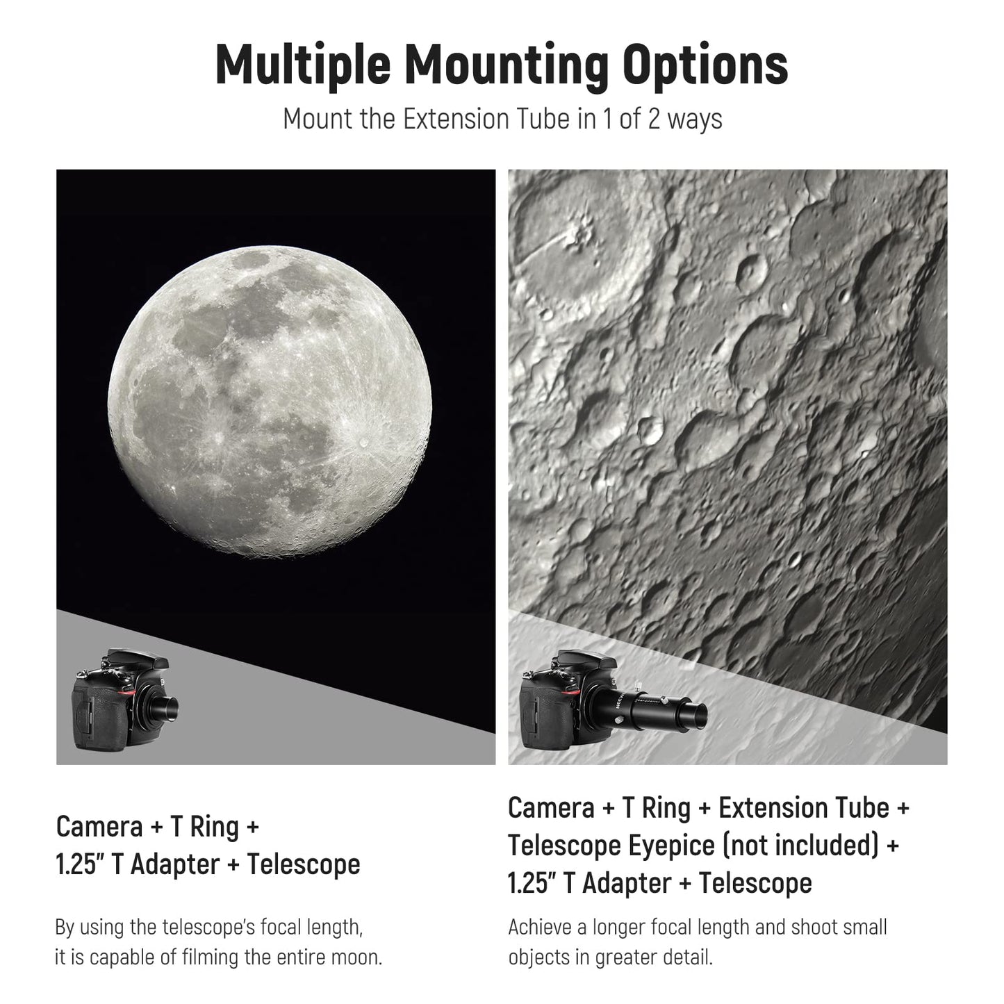 NEEWER Variable 1.25" Telescope Camera Adapter and 1.25" Extension Tube Set, compatible with Nikon DSLR cameras and telescope eyepiece for prime focus and eyepiece projection astrophotography.