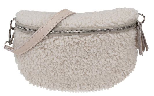 SH Leather® Teddy Plush Hip Bag Women's Belt Bag for Festival Travel Waist Bag Medium Crossbody Bag Women with genuine Leather Shoulder Strap 27x16cm Kate G358 (Beige/Silver Zipper, M)