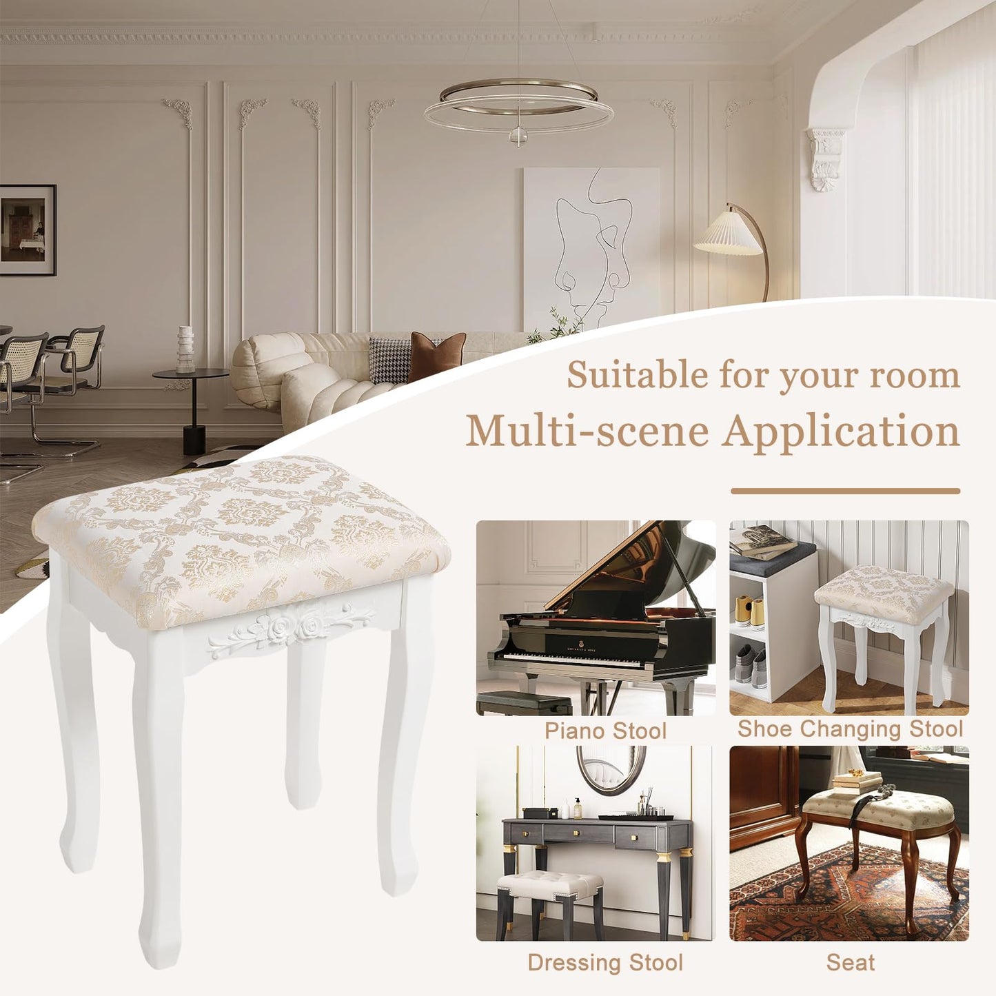 WOLTU Makeup Stool Vanity Stool, Country Style Ottoman, Baroque Padded Stool for Vanity Table, MDF Wood, White Lacquered, MB6011