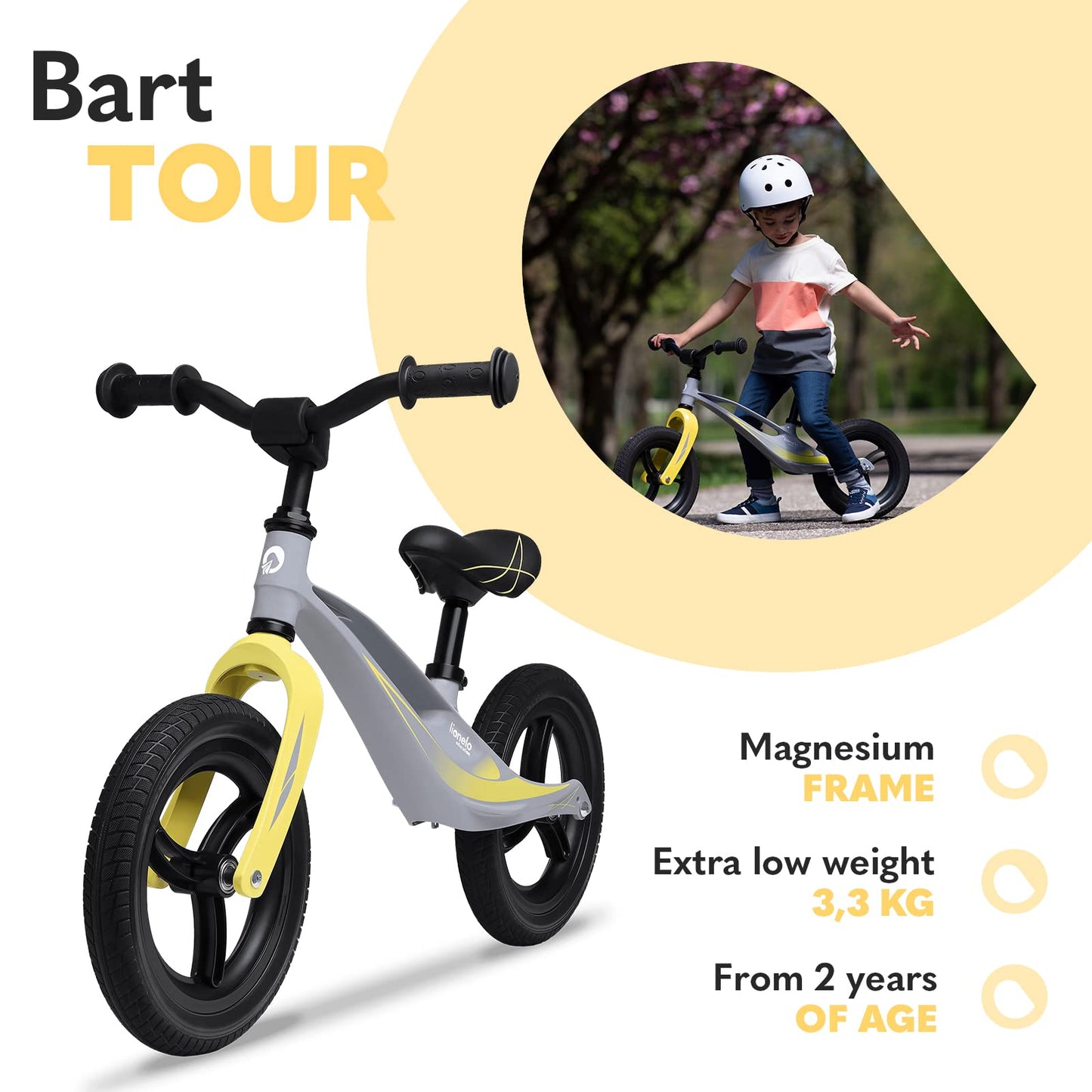 Lionelo Bart Tour balance bike for ages 2 and up to 30 kg, magnesium frame, sporty style, maintenance-free PU 12" wheels, adjustable handlebar and saddle, durable and very light.