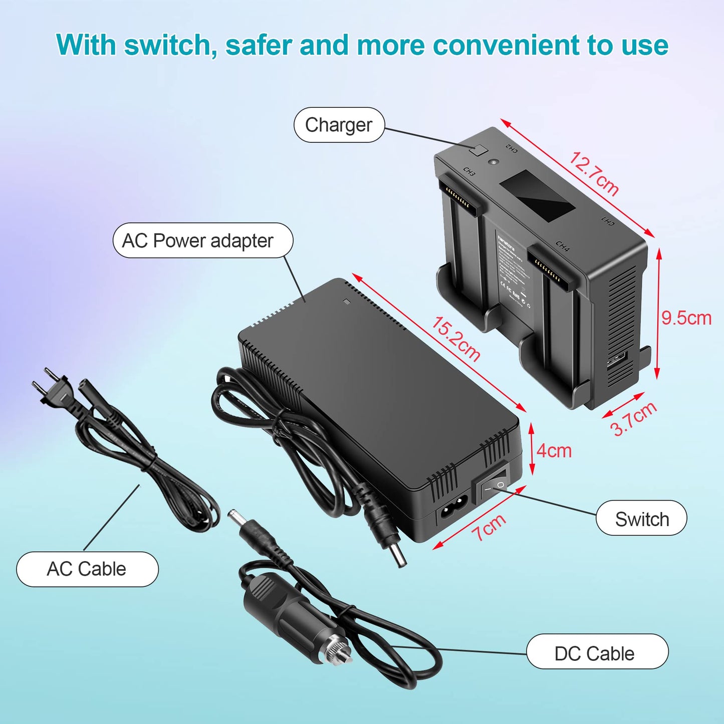 LYONGTECH Air 2S, Mavic Air 2 battery wall charger, and car charger for DJI Air 2S, Mavic Air 2 drone, charge 4 batteries, parallel car battery charging station, 5 in 1 rapid multi-charging hub accessory.
