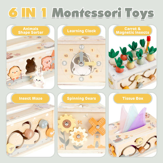 Vanplay Montessori toy for babies 12 months, 6 in 1 fabric box baby toy for 1 year olds, wooden motor skills toy for 1 2 3 year old girls and boys, gift for 1 year old child.
