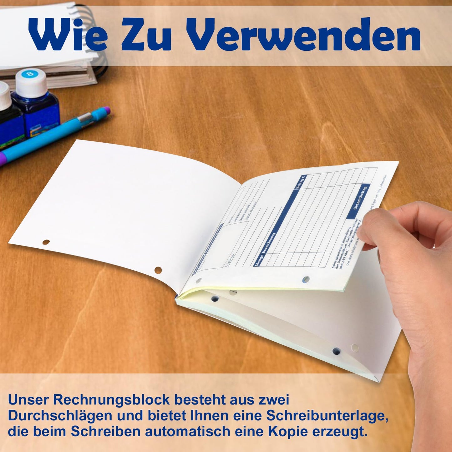 6 pieces of A6 receipt book, carbon copy invoice book for small business owners. 2 x 50 sheets, punched for small businesses, clubs, and freelancers.