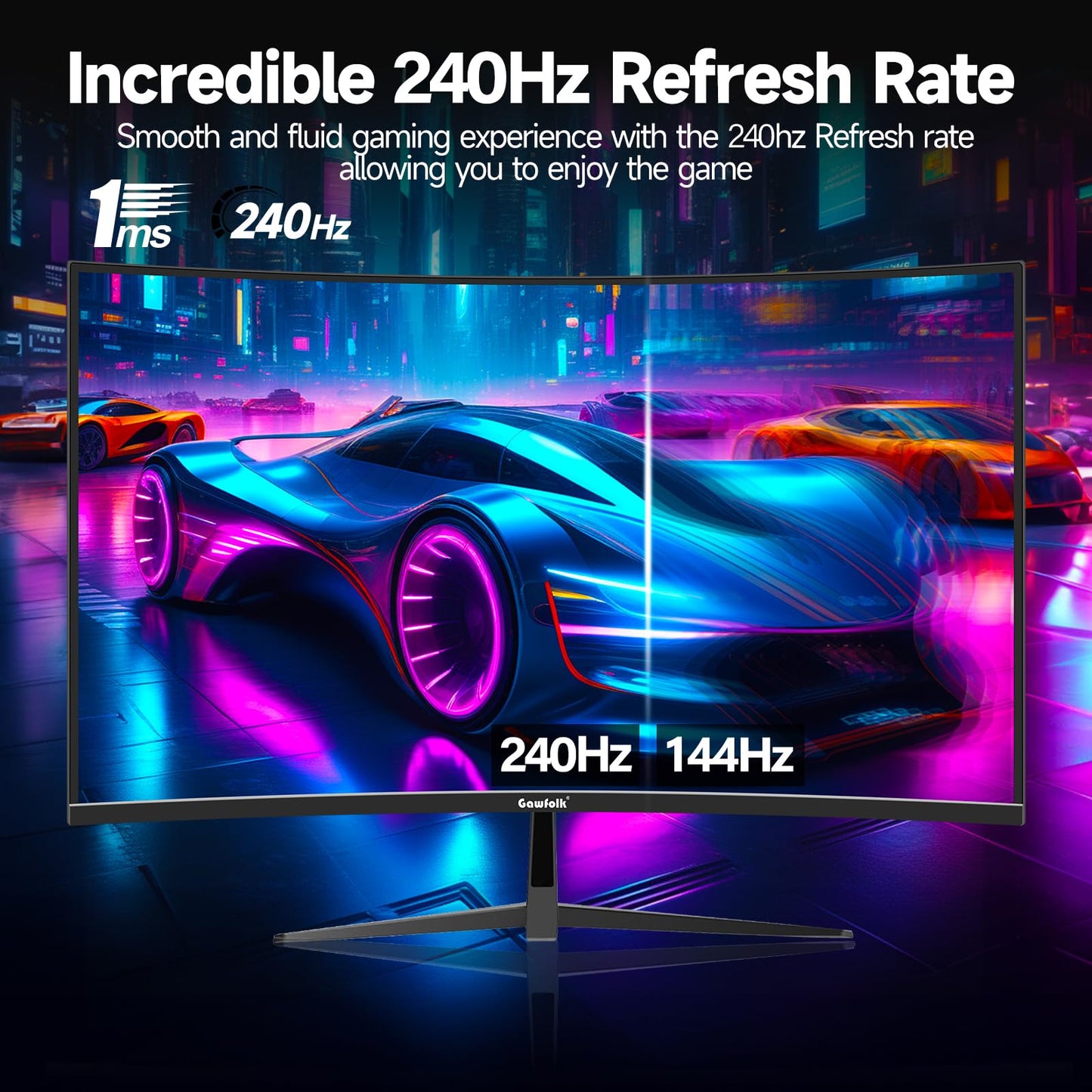 Gawfolk Gaming Monitor 32 Inch Curved, 240Hz PC Screen Full HD 1080P, Frameless 1800R Curved Computer Monitor supports VESA