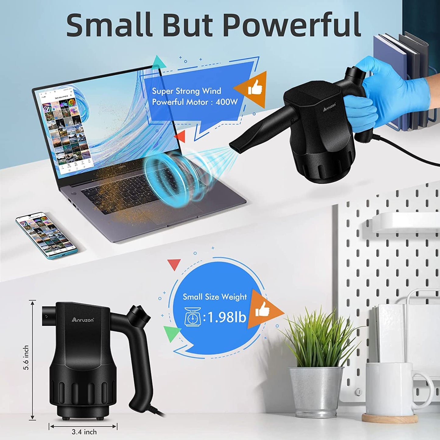 Anruzon Electric Dust Blower, Mini Air Duster with 3 Nozzles, 35000RPM, PC Cleaning Kit, Portable Cleaner for Laptop, Office Equipment, Household, Car, Keyboard.