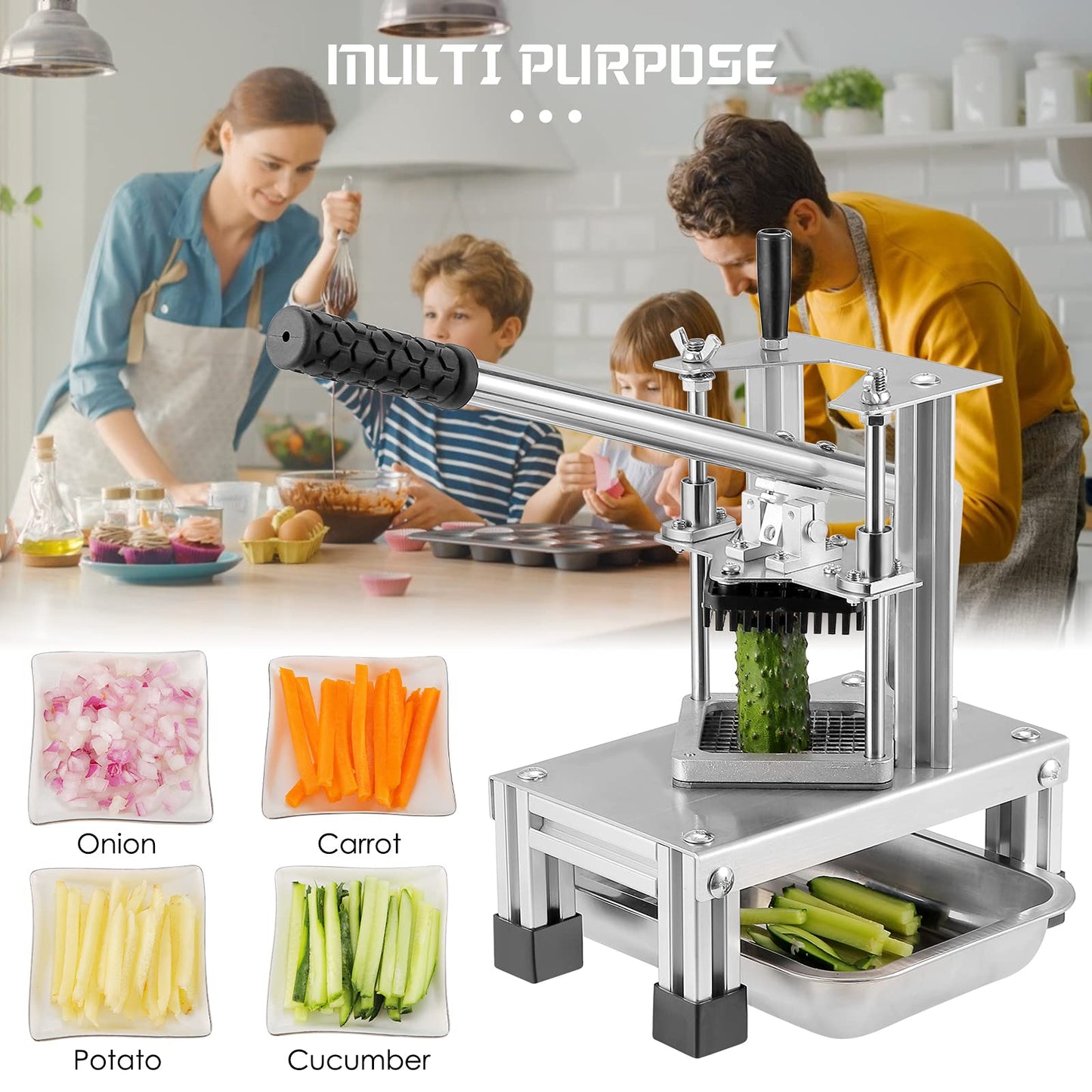 InLoveArts Professional Potato Cutter for potatoes and vegetables, with stainless steel blades in sizes 1/4 inch, 1/2 inch, 3/8 inch, and food plate.