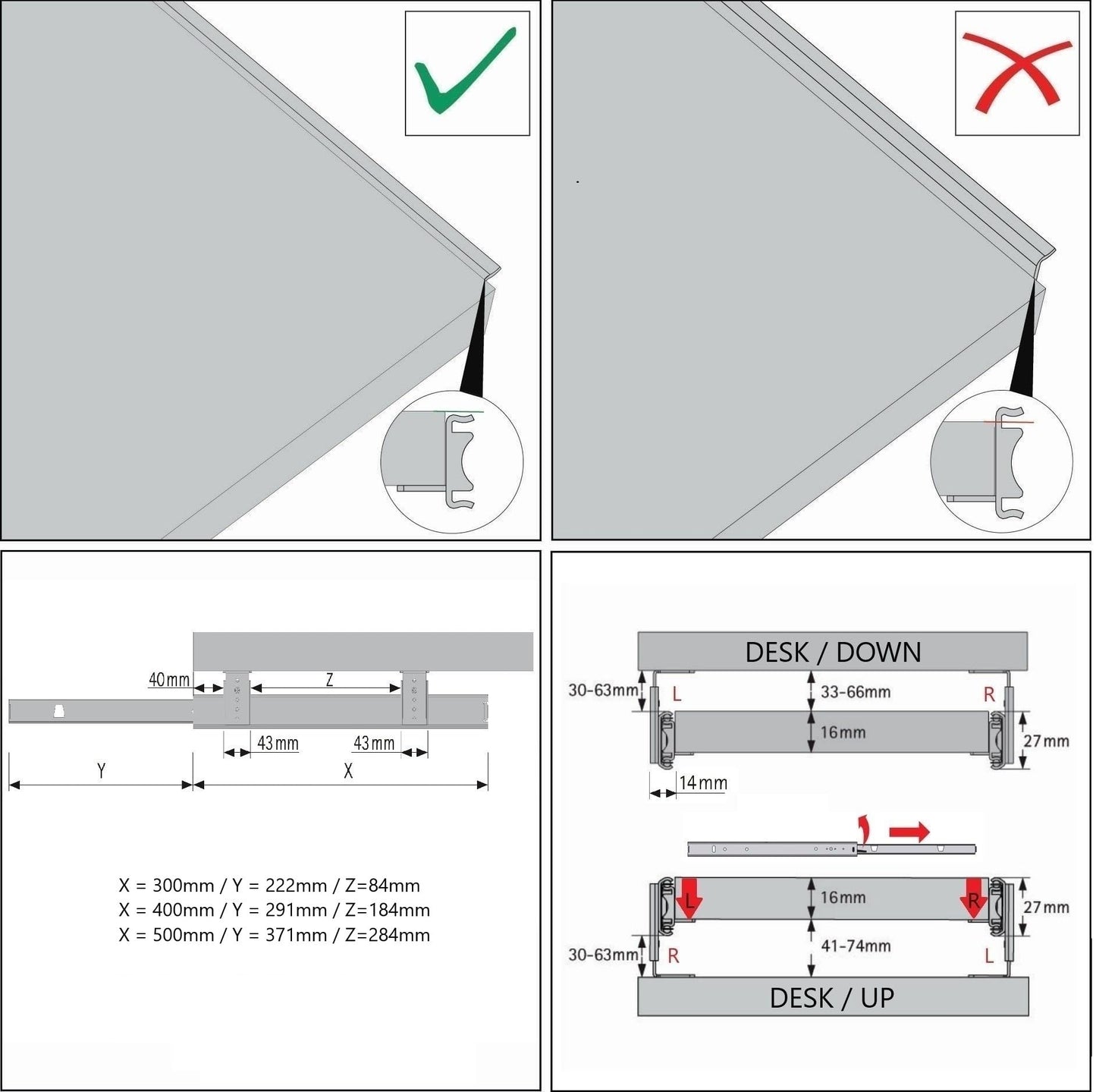FIX&EASY keyboard pull-out Up&Down, keyboard tray 600X300mm black matt finish, pull-out slides with locking function adjustable height black 300mm, set tray and pull-out with lock for keyboard mouse