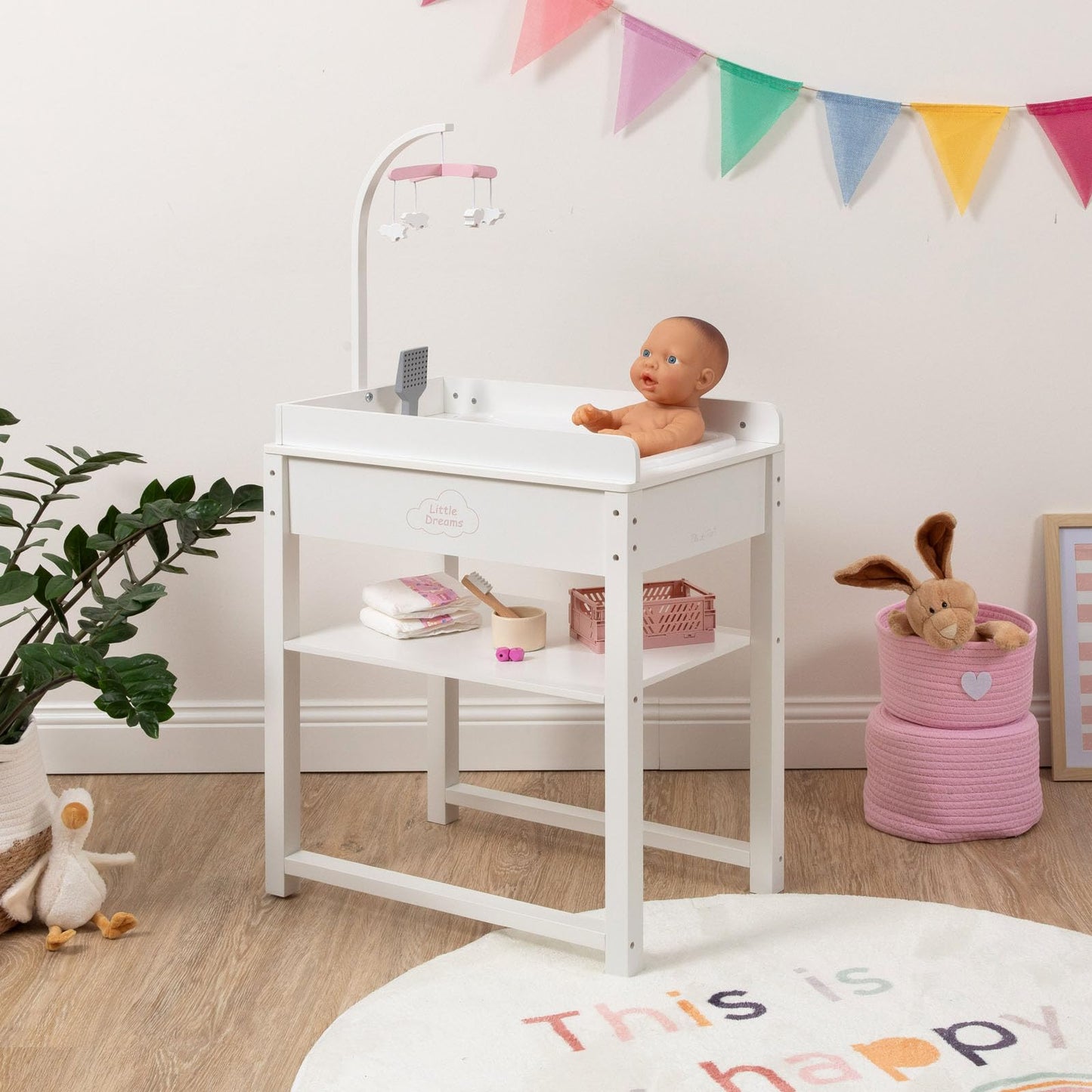 ELLA & PIET® Doll Changing Table Splashy with Bathtub and Mobile made of Wood (White-Pink)