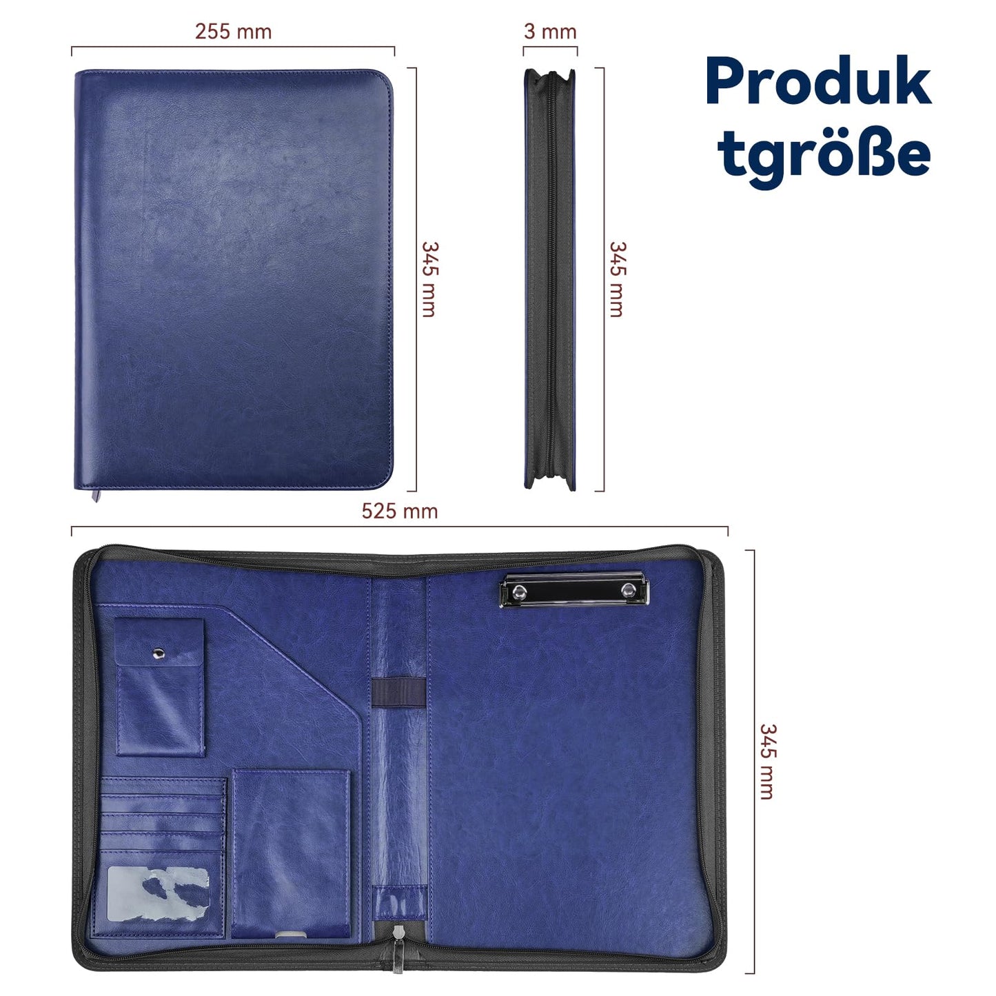 NEWYES A4 document folder, water-resistant with zipper & clipboard, faux leather portfolio perfect for business trips, teachers as a gift, or office use - Dark Blue.