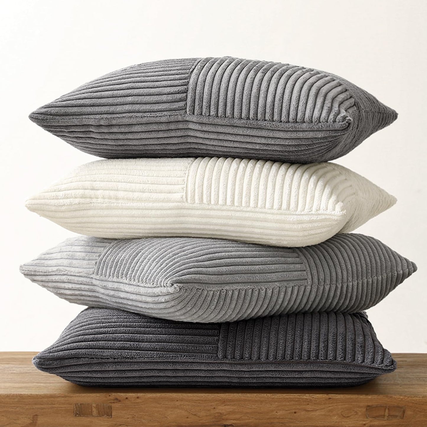 MIULEE 4-Pack Corduroy Pillow Cover Patchwork Cushion Case Soft Decorative Modern Invisible Zipper Throw Pillow Covers for Sofa Living Room Bedroom Grey Series 45x45 cm