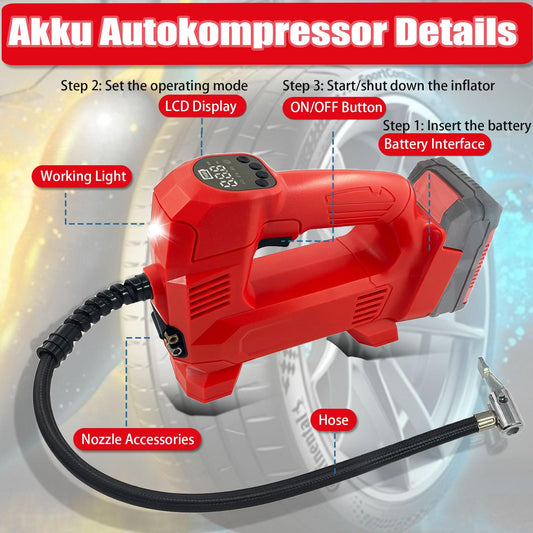 TPDL battery car compressor for Einhell Power X-Change 18 volt battery with LED lamp, cordless automatic stop 160PSI compressor, battery electric universal pump for bicycle/car/ball
