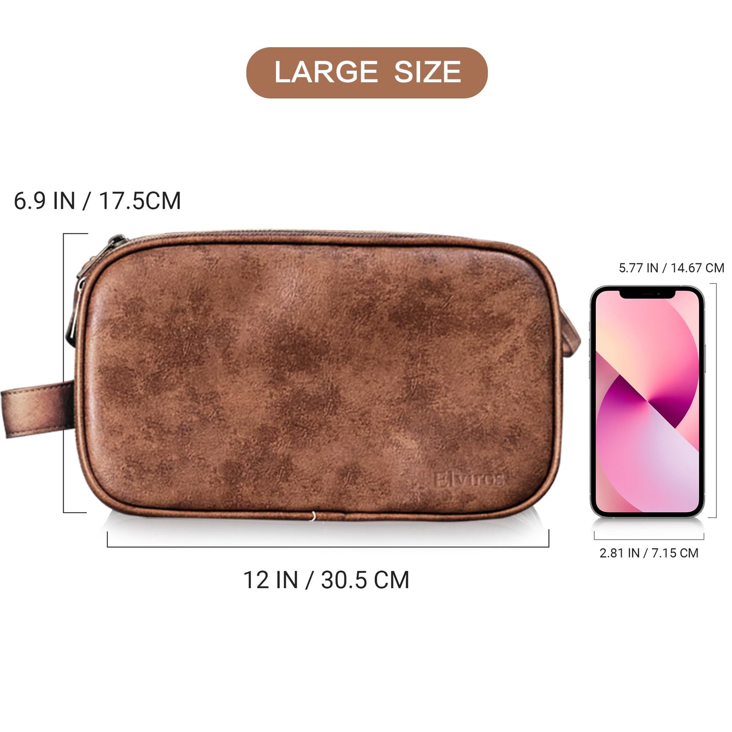 Elviros men's toiletry bag, PU leather waterproof travel large opening toiletry bag, suitable for travel, business trip, fitness, bathroom, dark brown, size: L
