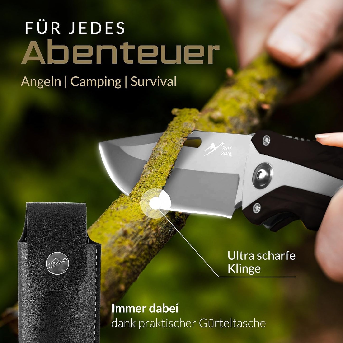 BERGKVIST® K30 Folding Knife (Two-Hand Knife) - Carry allowed in Germany - 3-in-1 pocket knife for outdoor, camping & survival with firesteel & belt pouch - Handle made of ebony