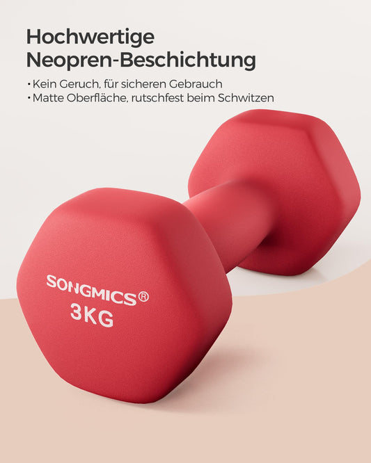 SONGMICS dumbbell set, 2 x 3 kg, with matte neoprene coating, non-slip, strength training, at home, red SYL66RD