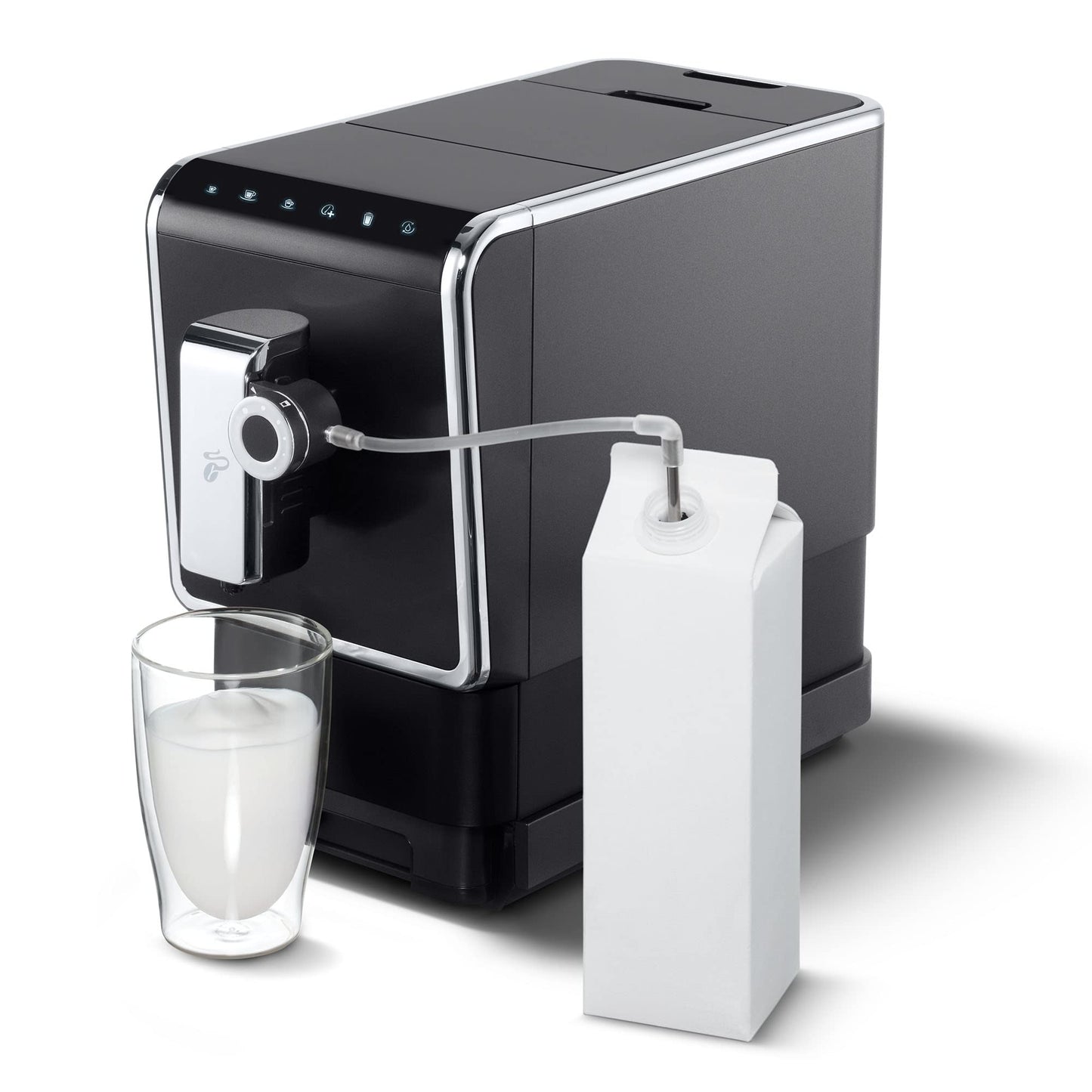 Tchibo coffee machine Esperto Pro with matching glass milk carafe, perfect for Caffè Crema, Espresso, and milk specialties, 600ml milk container, anthracite color.