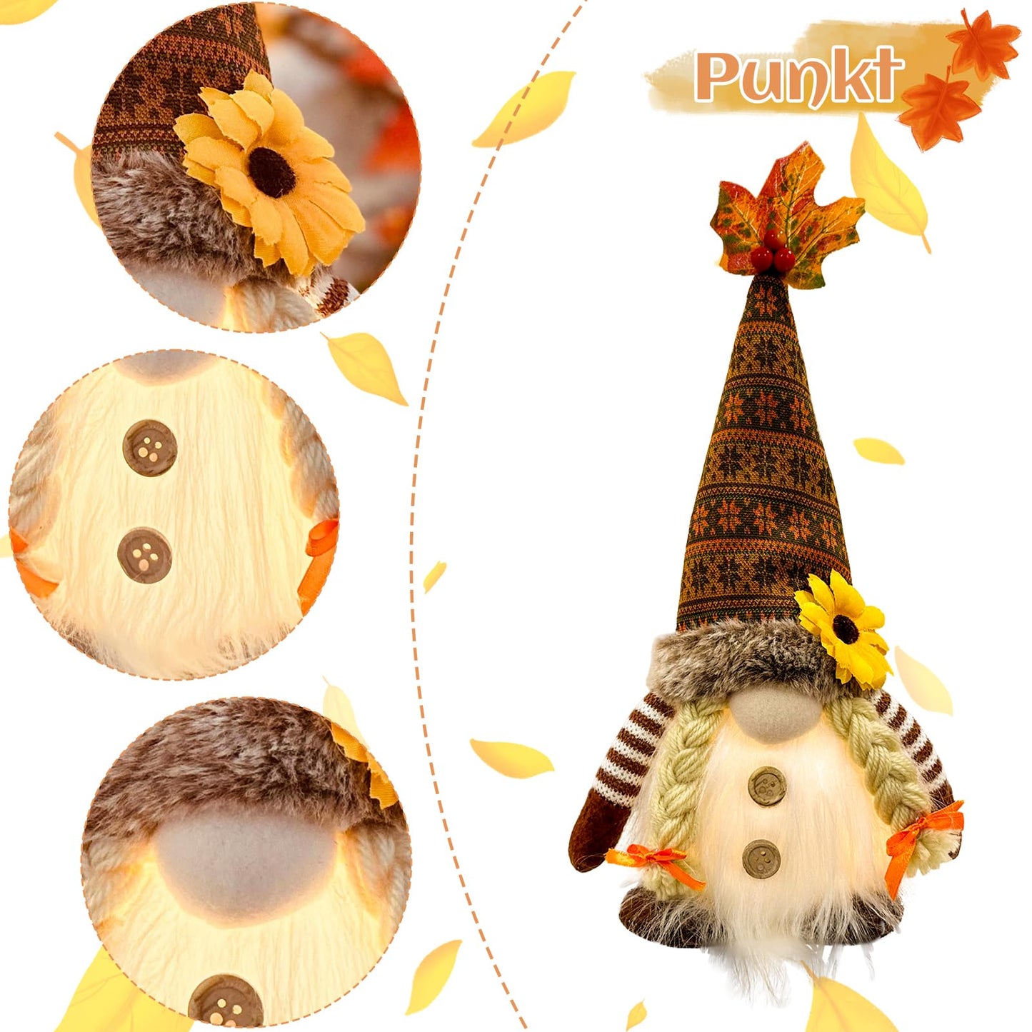 ACAREY Autumn Decor Gnomes with Light 2-Pack Large 35cm Plush Gnome Figures Halloween Decor with LED Christmas Decor Fall Harvest Illuminated Gnomes