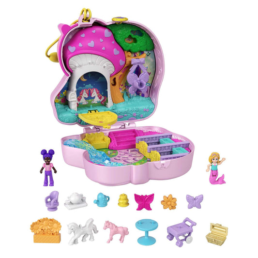 Polly Pocket HCG20 - Unicorn Tea Party Playset, compact with glitter unicorn, for ages 4+ & GTN13 - Corgi Dog Hotel compact in pet hotel design, small Polly and Shani dolls, for ages 4+