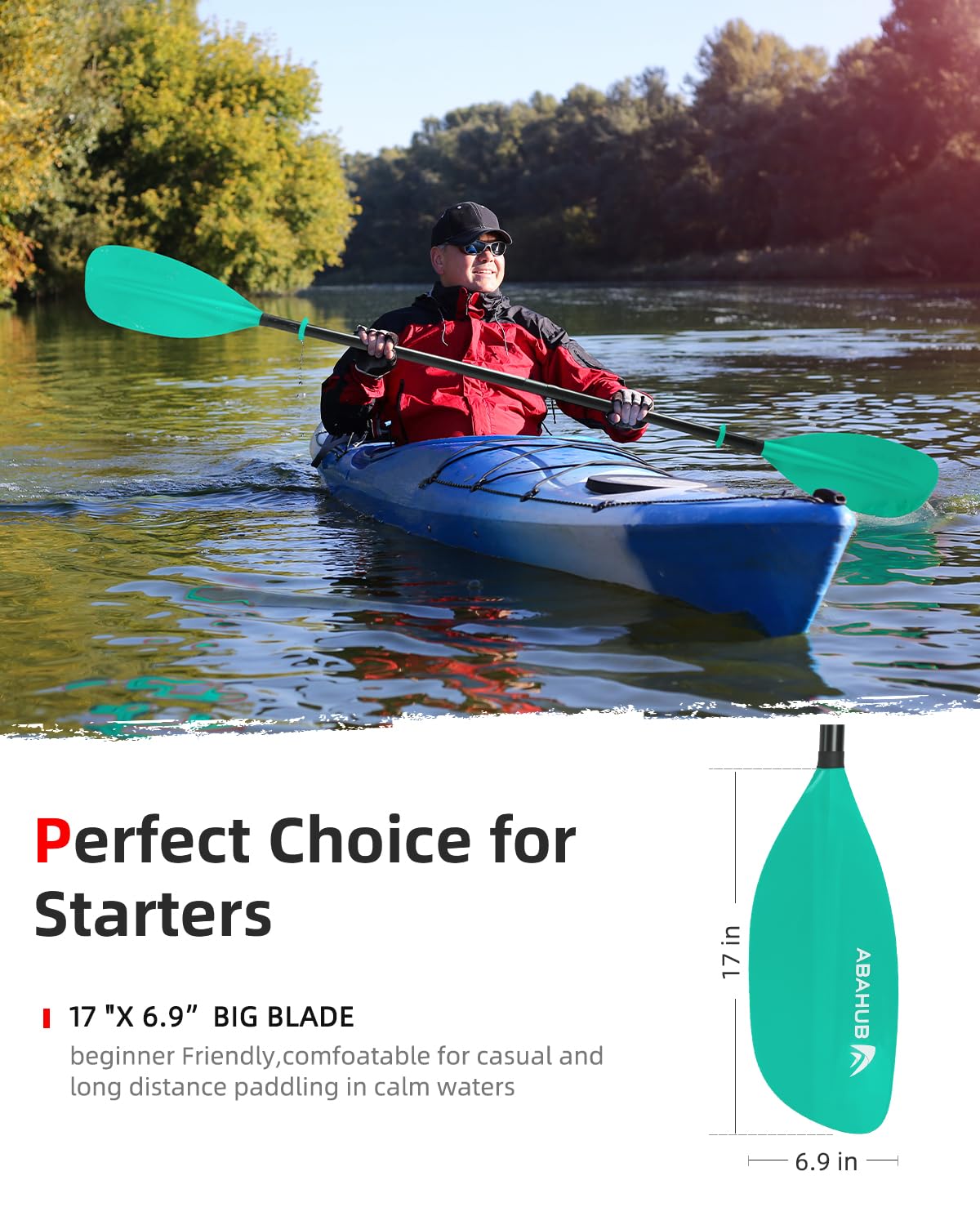Abahub kayak paddle adjustable 230cm to 250cm 3-piece double paddle floating kayak paddle boat rudder canoe paddle for kayaking aluminum shaft plastic blades mint green