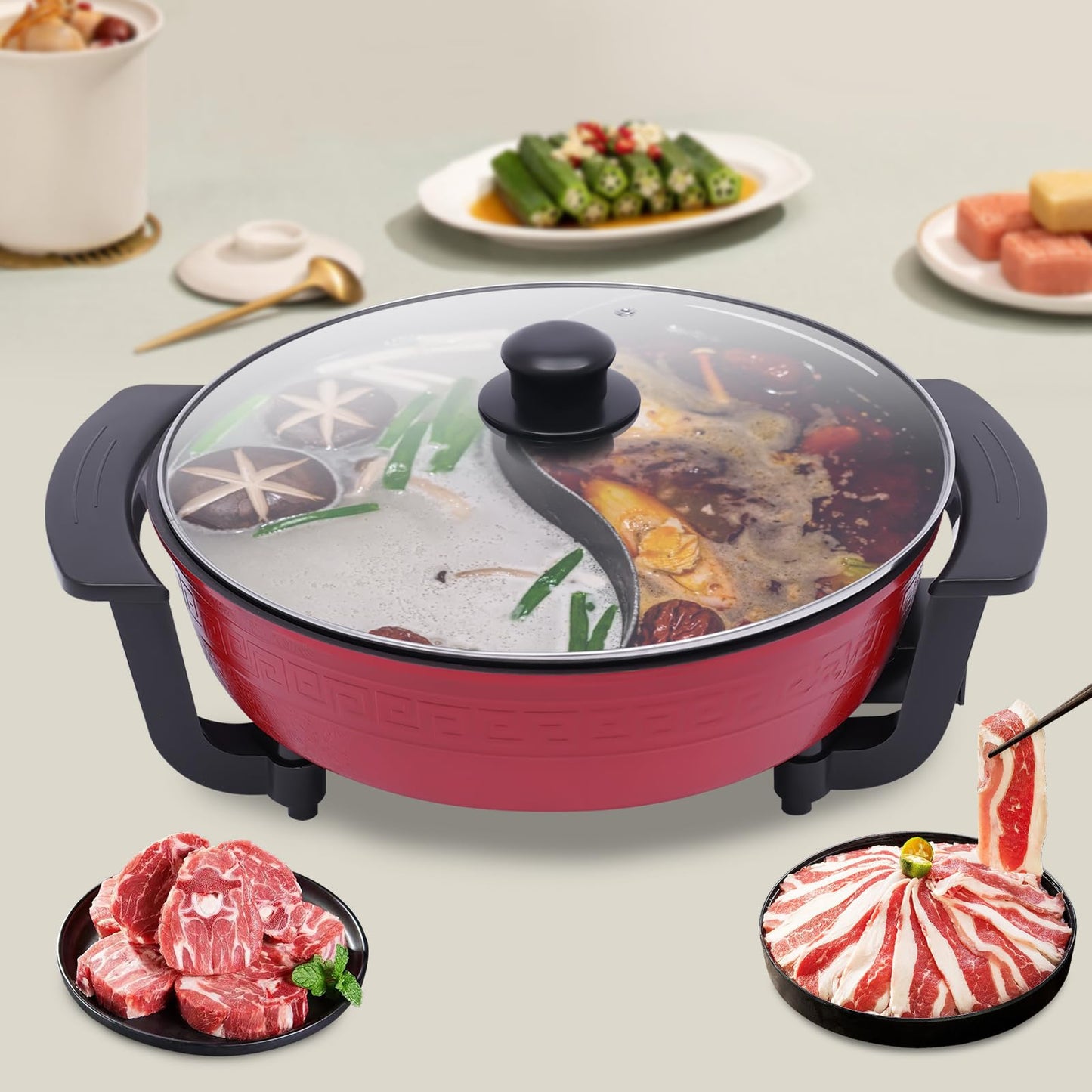 Electric Hotpot Pot with Divider - 6L Chinese Fire Pot for 8 People (1360W) | Electric Leak Protection, Energy Saving Function, Lid & Heating Base