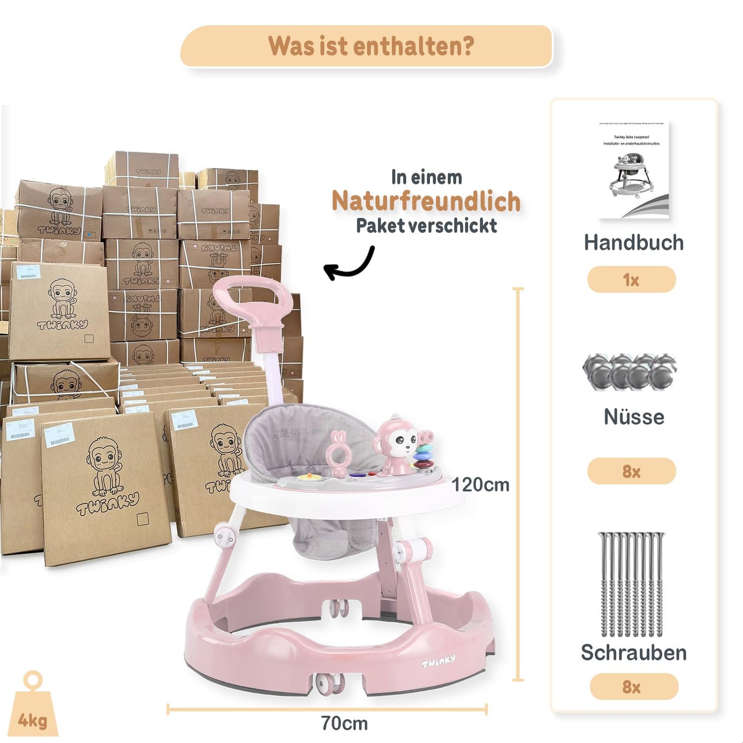 Twinky® Baby Walker with Playset & Floor Mat - Sturdy 4-way adjustable preschool walking aid - Perfect as a support for your little one's first steps (Pink)