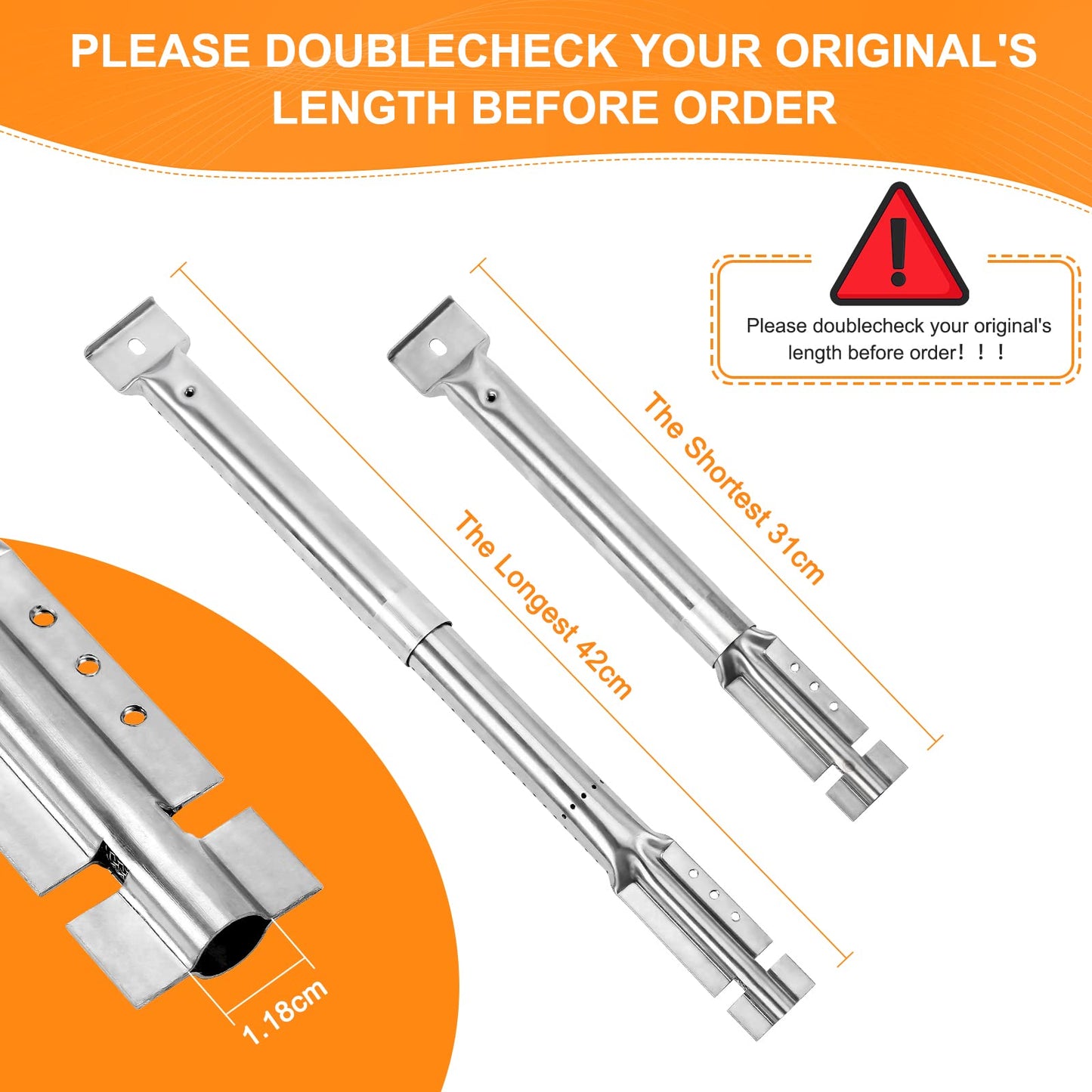 GFTIME 31 to 42cm Universal Burner Adjustable Replacement Parts for Tepro, Barbecook, Campingaz, Charbroil, Blooma. Adjustable stainless steel gas grill burner replacement accessories, 3 pieces.