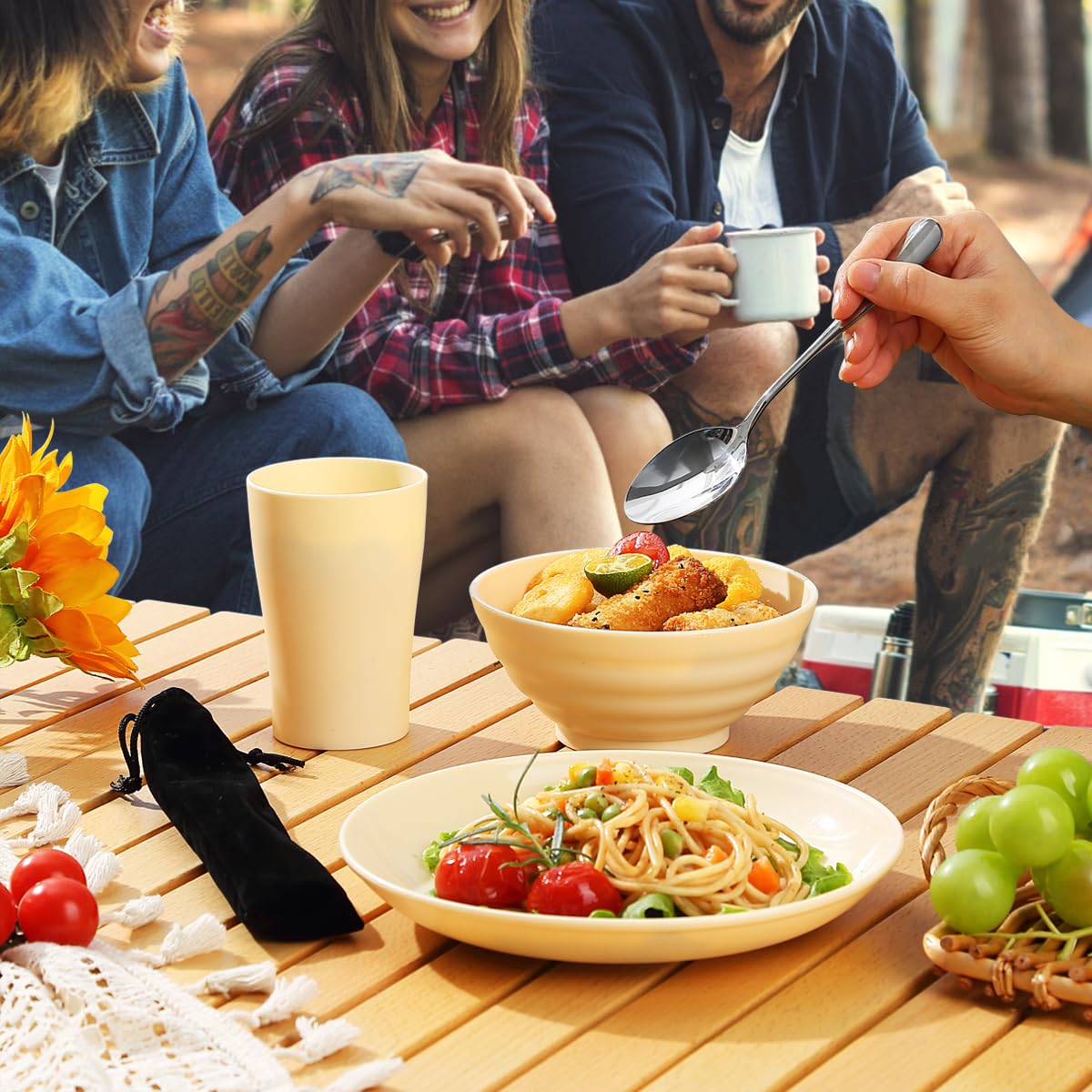 Kyraton Camping Cutlery Set, reusable Lightweight Cup, Bowls, Plates and Stainless Steel Cutlery with black pouch, dishwasher safe.