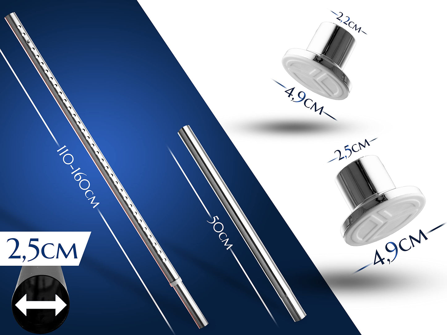 MEISENBERG Shower Curtain Rod without drilling 160-210cm, Silver, ร 25 mm, Telescopic Curtain Rod Clips - Telescopic Rod for windows, showers and partitions.