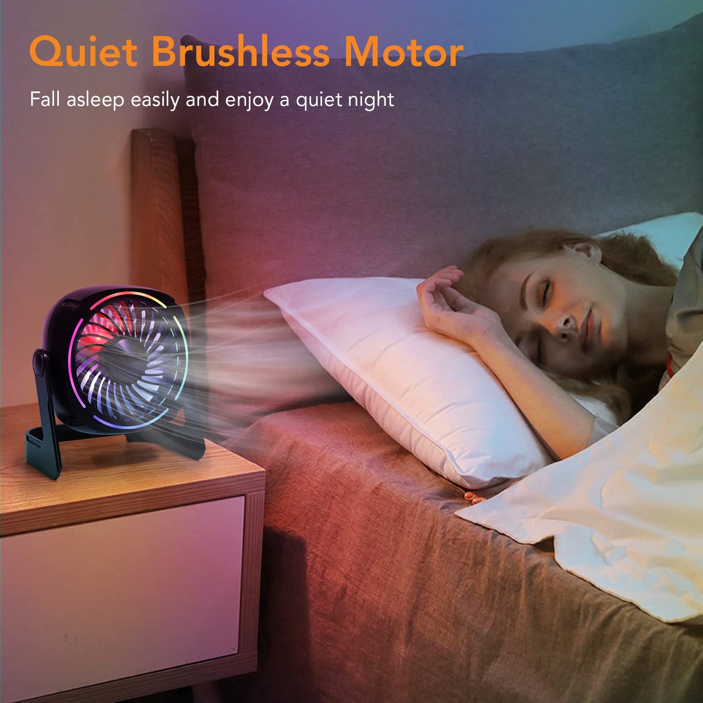 Litake USB Desk Fan RGB, Small Φ15cm Quiet Mini USB Fan with 8 light modes & 3 speeds 360° rotation 152cm cable Portable Desk Fan for rooms offices car travel
