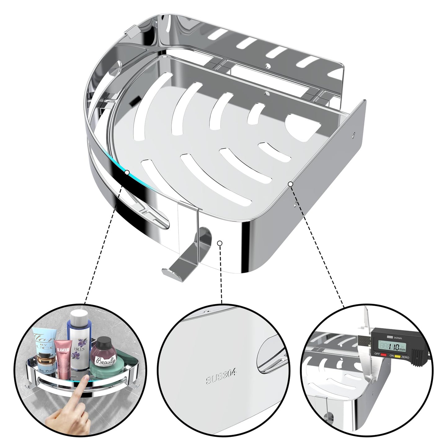 Strength Enemy Shower Caddy No Drilling, Shower Corner Shelf, Shower Caddy with 4 Hooks, Stainless Steel Shower Caddy for Bathroom Kitchen (2 Pack, Silver)