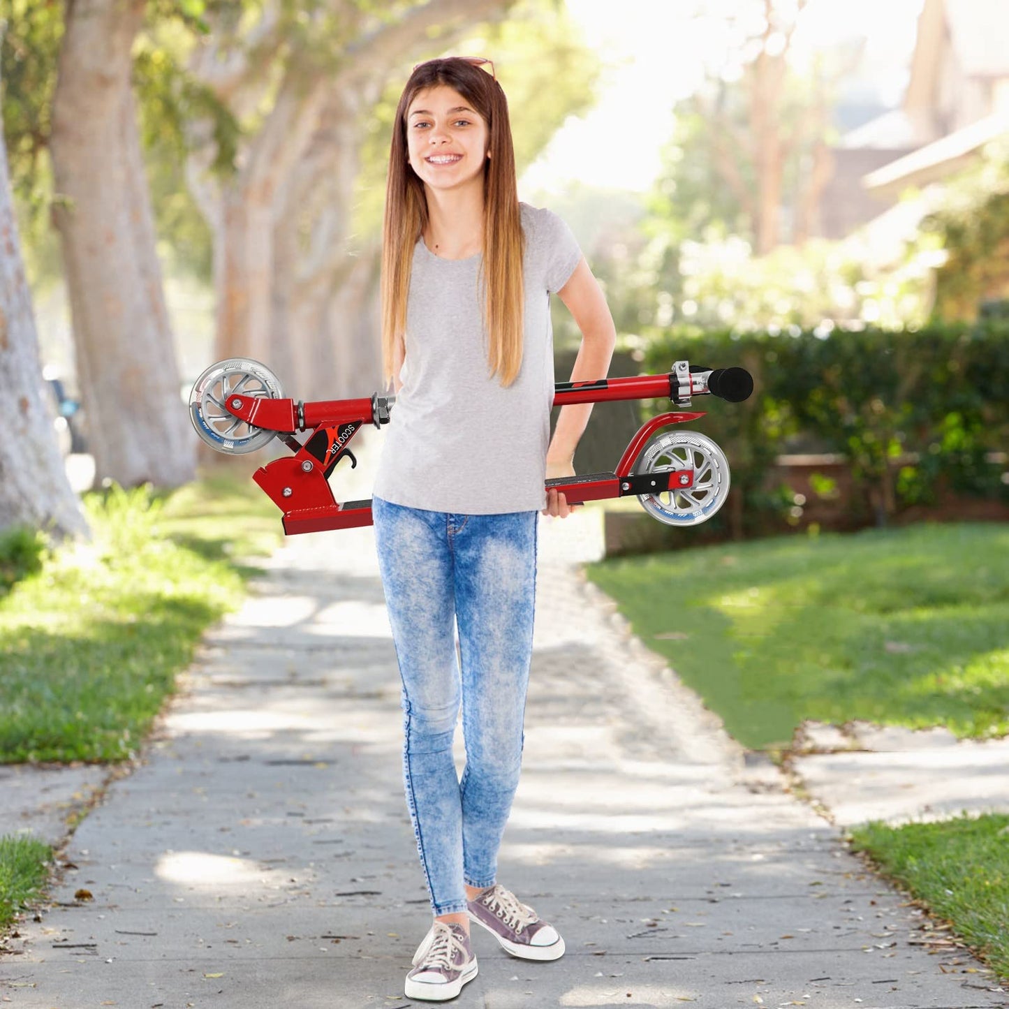 GYMAX Foldable Kids Scooter, Children's Scooter with LED light-up wheels, Kick scooter 3 height adjustable up to 70kg load-bearing capacity, Kick scooter for boys & girls aged 4 years and above (Red)