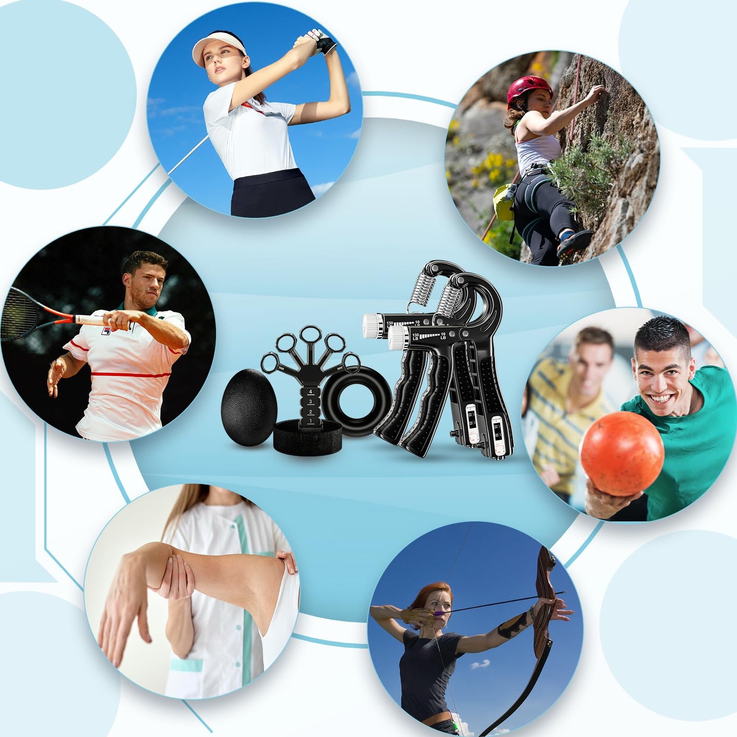 ALMAH Hand Trainer training set (5-pack), finger trainer grip strength trainer set, 2 adjustable resistance forearm trainers, finger stretcher, training ring & stress relief grip ball with carrying bag.