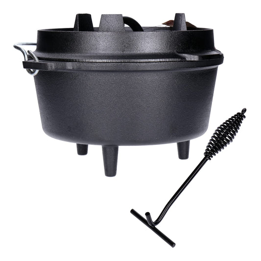 TP Premium BBQ Dutch Oven Tripod Set, 7-piece with fire pot, tripod, cast iron pan, grill grate including grill accessories and wooden box, ideal as a gift set.