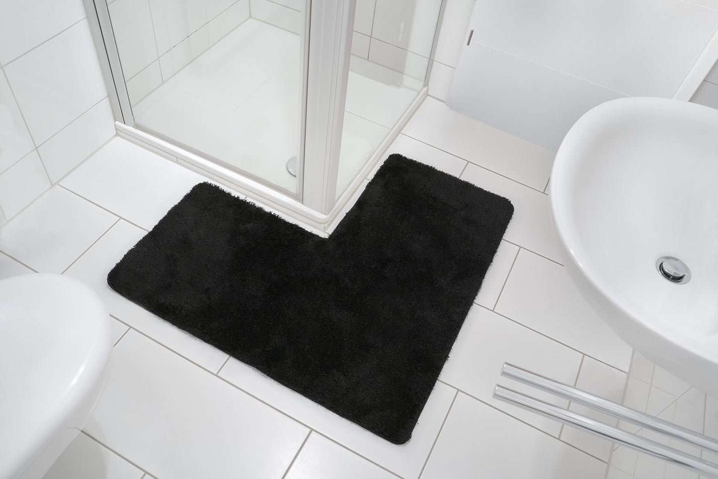 BADELIGA® corner shower mat, perfect mat for square shower enclosures. Extremely fluffy, non-slip & washable. Dryer-safe. Bath mat, bath rug with corner cutout 50 x 100 x 100 cm in black.