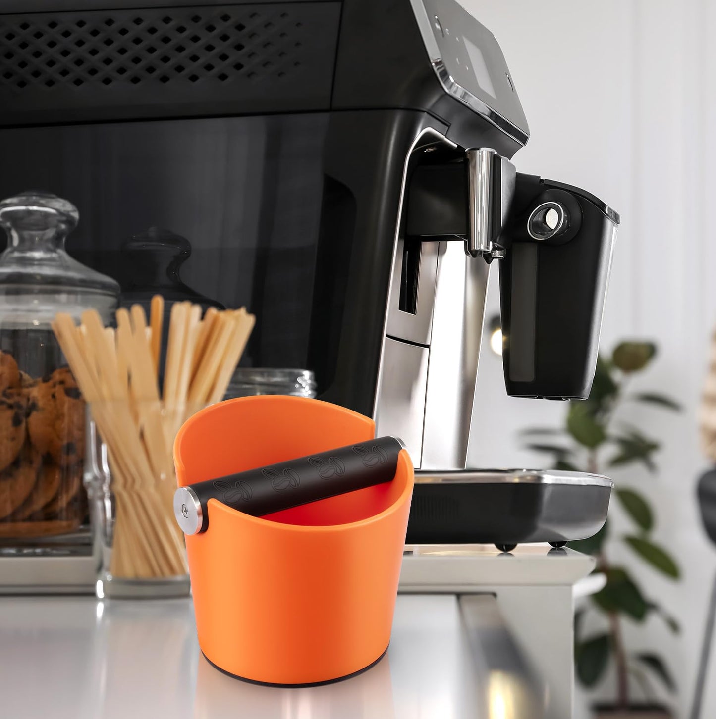 Portafilter Espresso Knock Box Coffee Grounds Container Knock Box Barista Style with Removable Metal Knock Bar and Non-Slip Base Orange